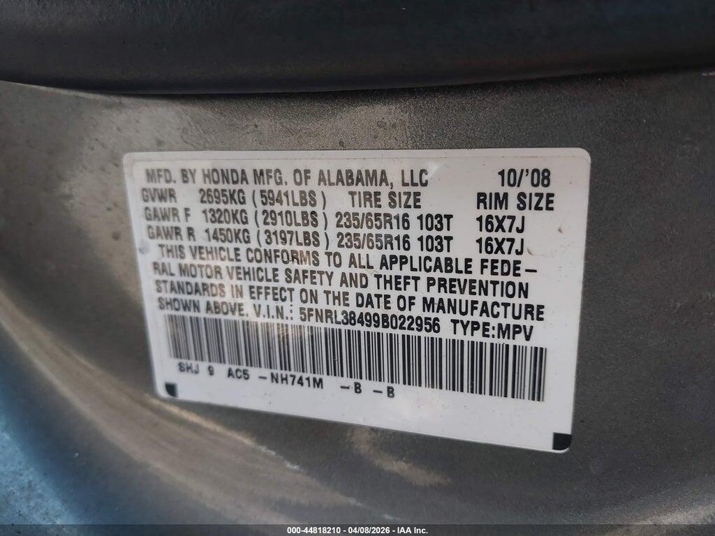 5FNRL38499B022956 2009 HONDA ODYSSEY photo no. 9