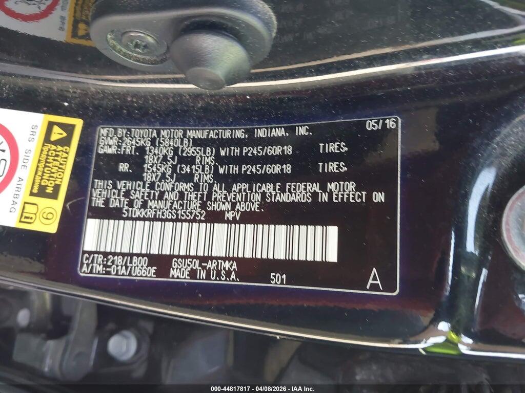 5TDKKRFH3GS155752 2016 TOYOTA HIGHLANDER photo no. 9