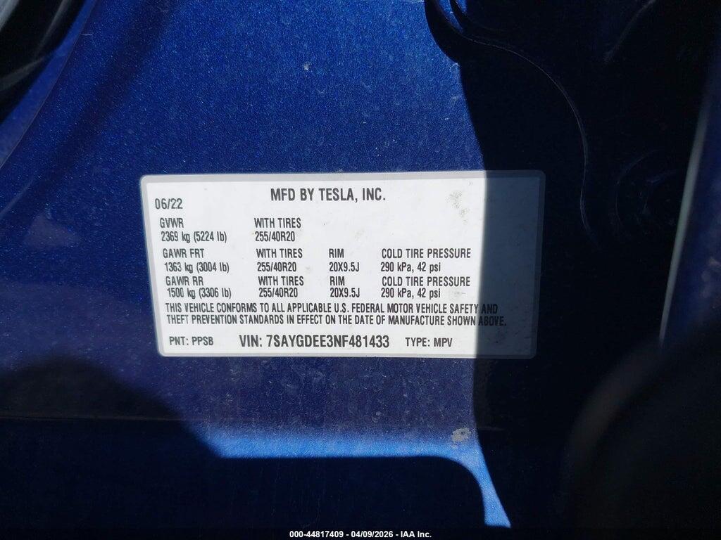 7SAYGDEE3NF481433 2022 TESLA MODEL Y photo no. 9
