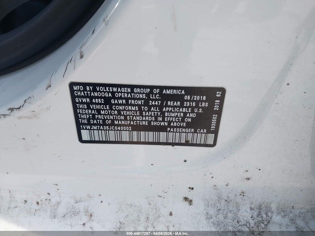 1VWJM7A35JC040002 2018 VOLKSWAGEN PASSAT photo no. 9