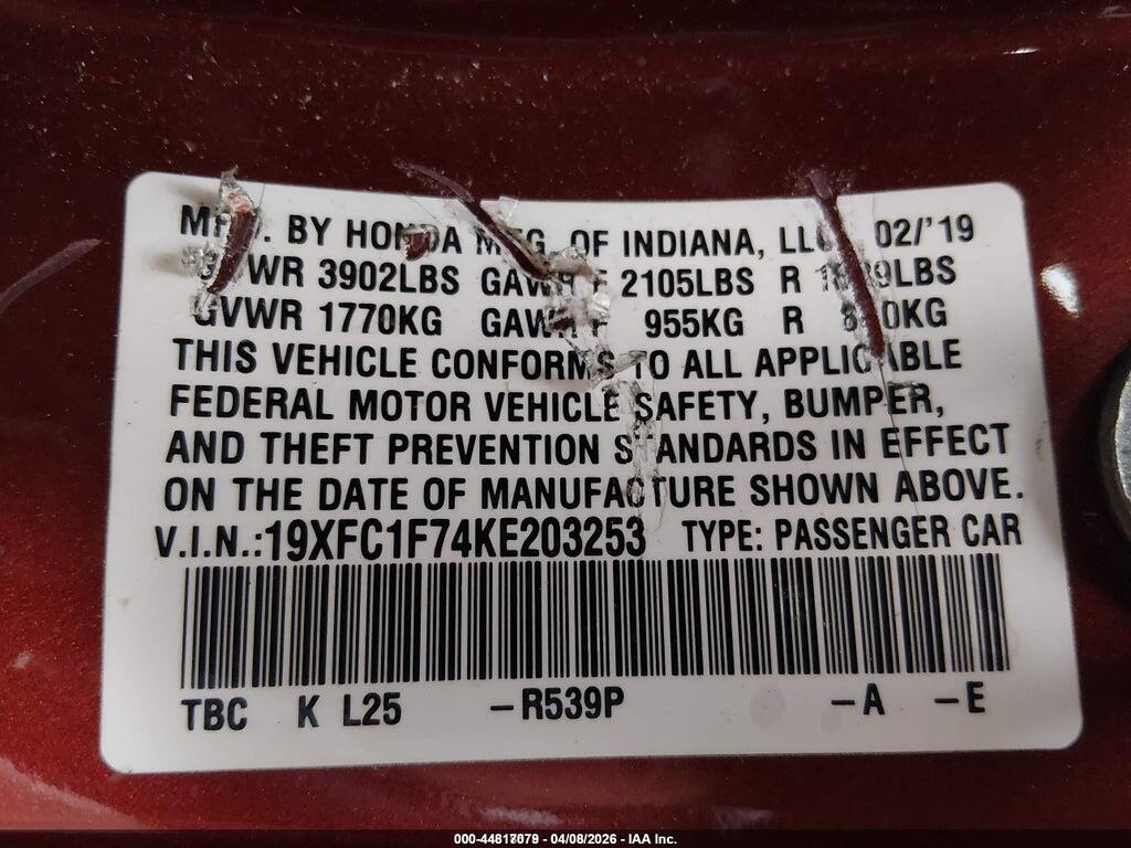 19XFC1F74KE203253 2019 HONDA CIVIC photo no. 9