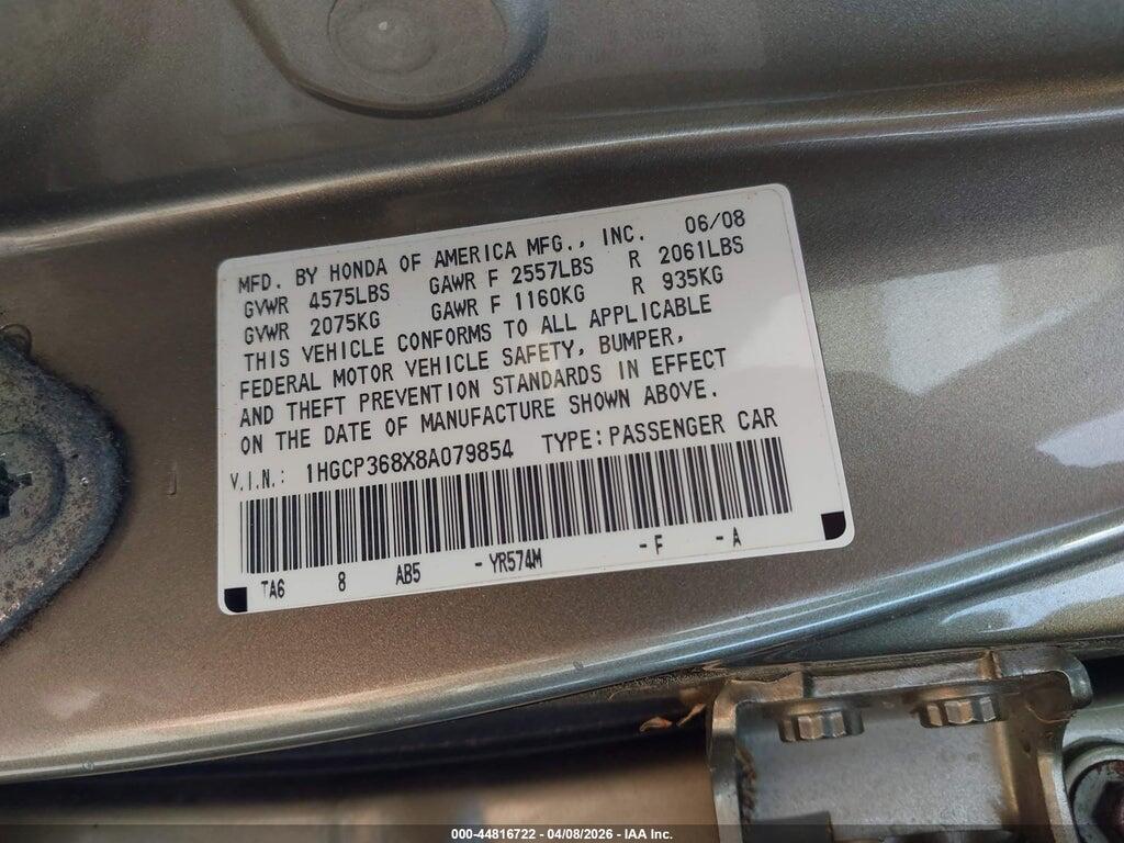 1HGCP368X8A079854 2008 HONDA ACCORD photo no. 9