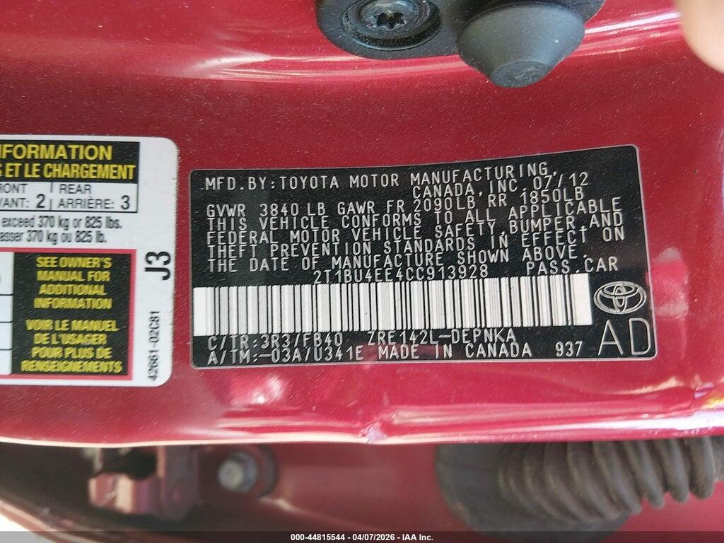 2T1BU4EE4CC913928 2012 TOYOTA COROLLA photo no. 9