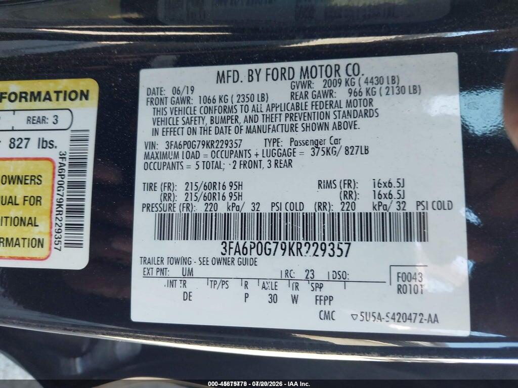 3FA6P0G79KR229357 2019 FORD FUSION photo no. 9