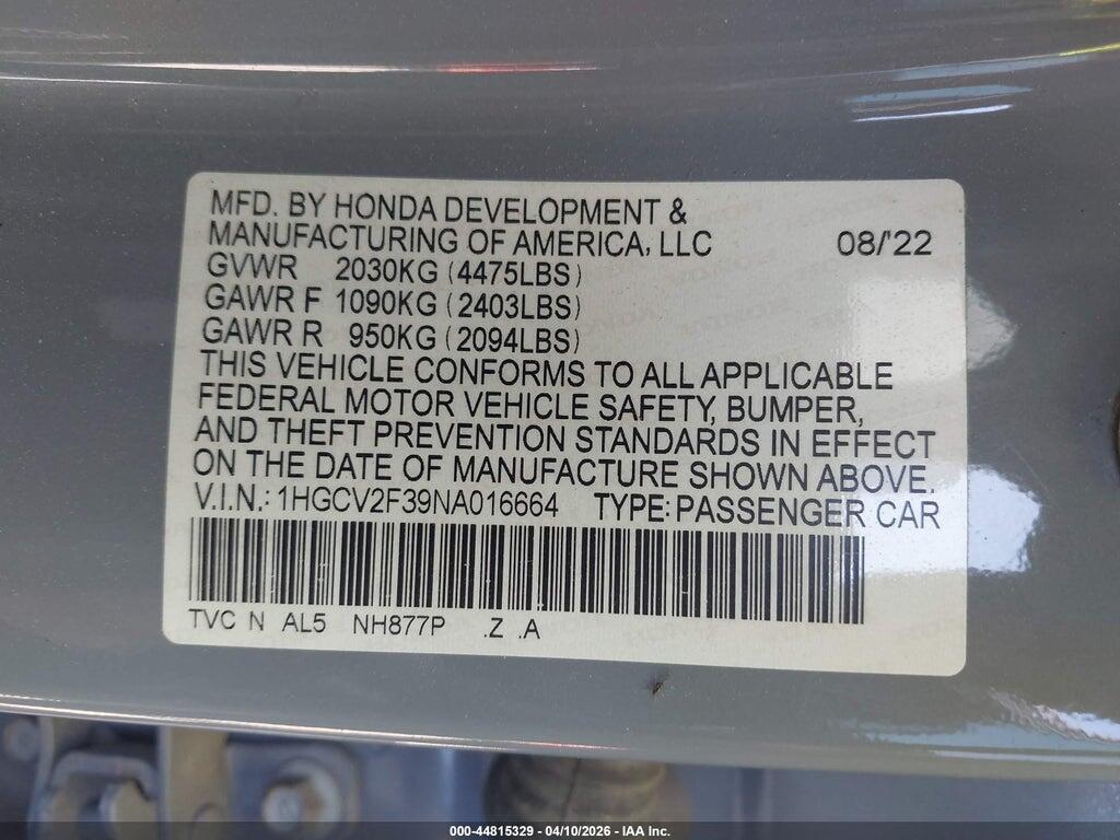 1HGCV2F39NA016664 2022 HONDA ACCORD photo no. 9