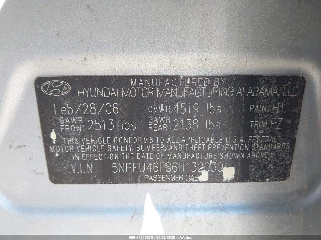 5NPEU46F86H132030 2006 HYUNDAI SONATA photo no. 9