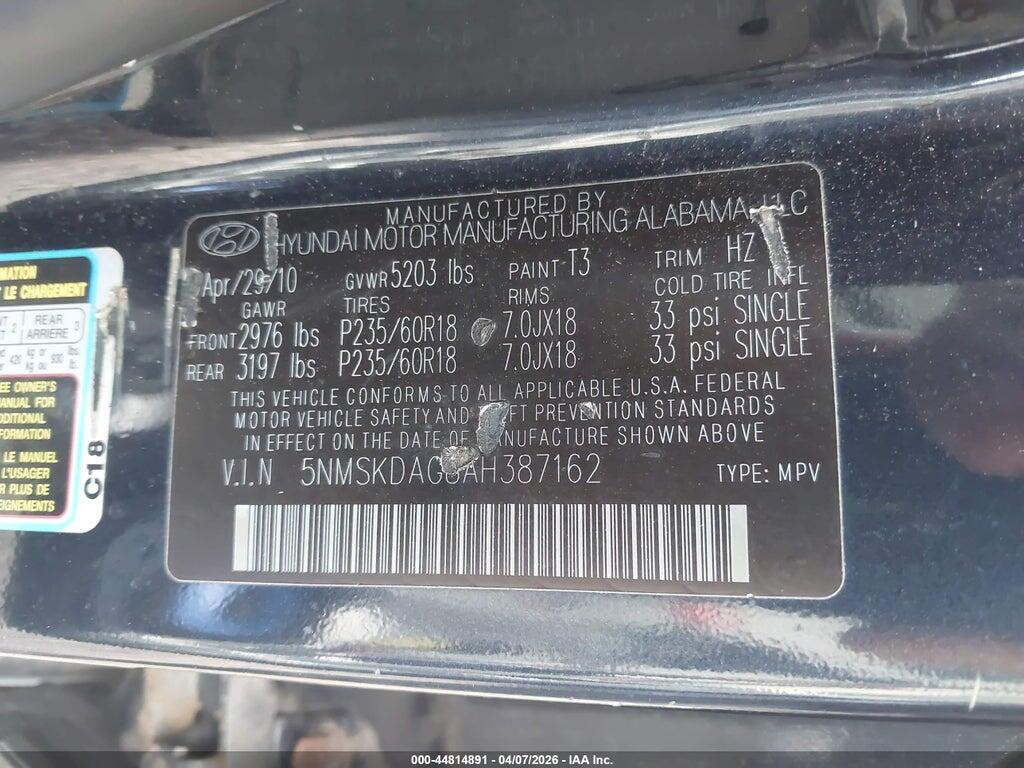 5NMSKDAG8AH387162 2010 HYUNDAI SANTA FE photo no. 9