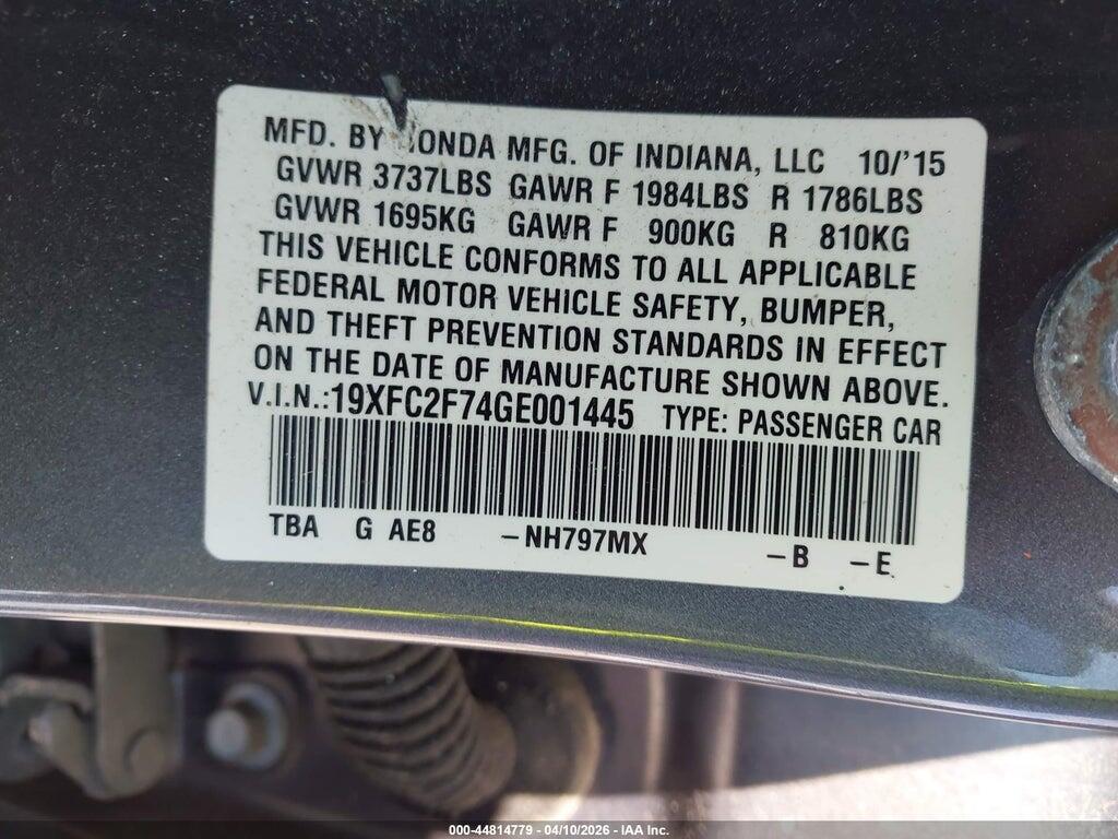 19XFC2F74GE001445 2016 HONDA CIVIC photo no. 9