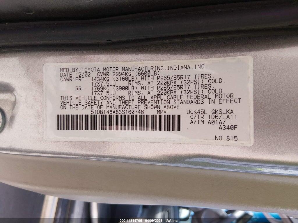 5TDBT48A83S160746 2003 TOYOTA SEQUOIA photo no. 9