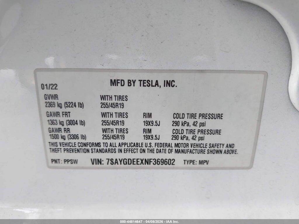 7SAYGDEEXNF369602 2022 TESLA MODEL Y photo no. 9