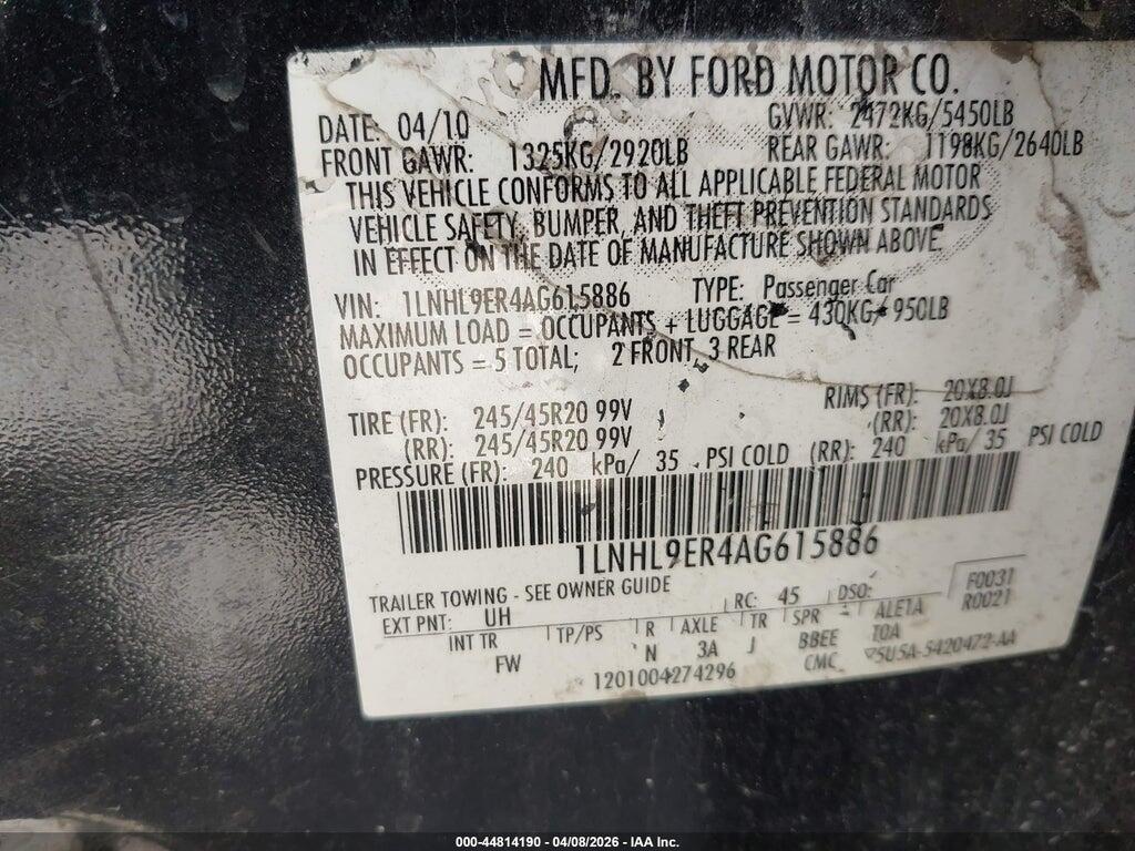 1LNHL9ER4AG615886 2010 LINCOLN MKS photo no. 9