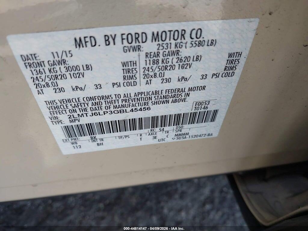 2LMTJ6LP3GBL45456 2016 LINCOLN MKX photo no. 9
