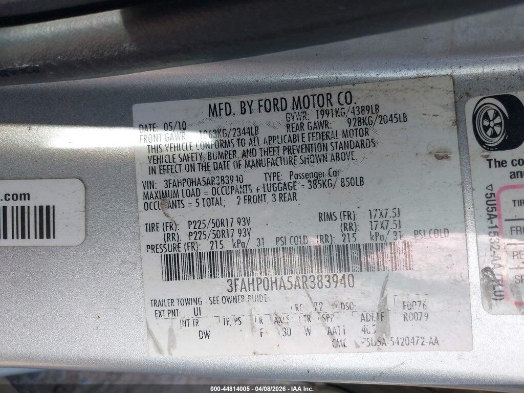 3FAHP0HA5AR383940 2010 FORD FUSION photo no. 9