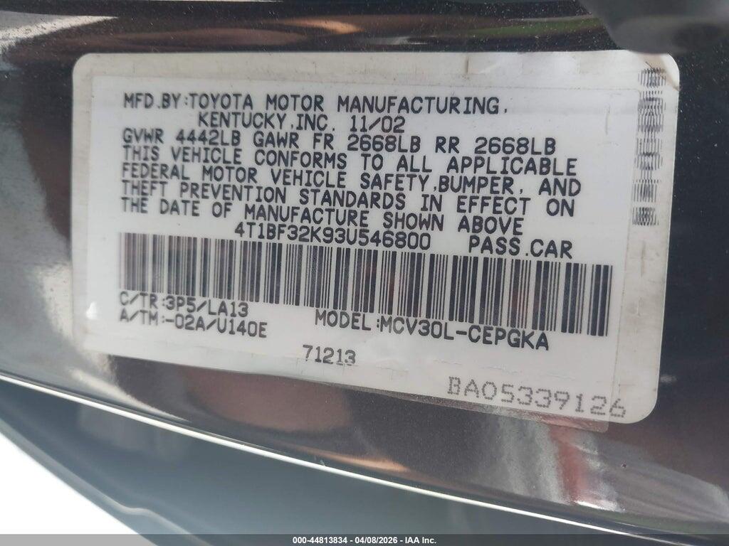 4T1BF32K93U546800 2003 TOYOTA CAMRY photo no. 9