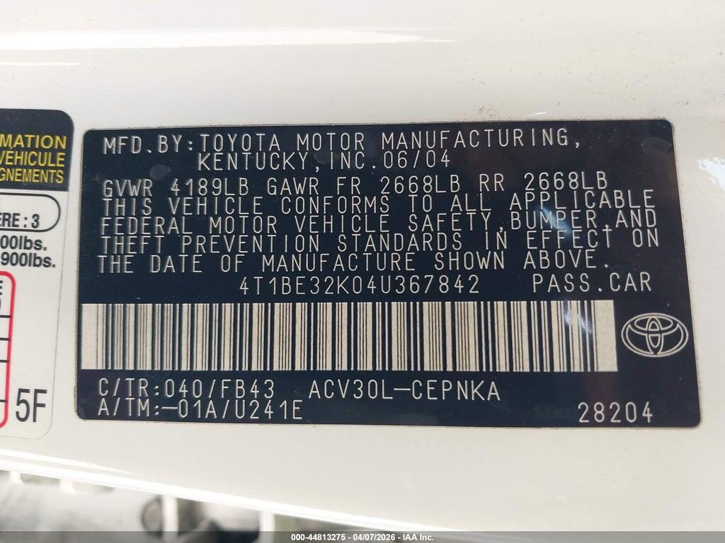 4T1BE32K044367842 2004 TOYOTA CAMRY photo no. 9
