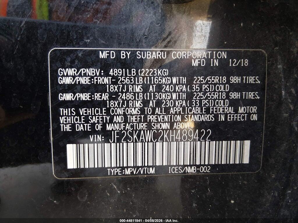 JF2SKAWC2KH489422 2019 SUBARU FORESTER photo no. 9