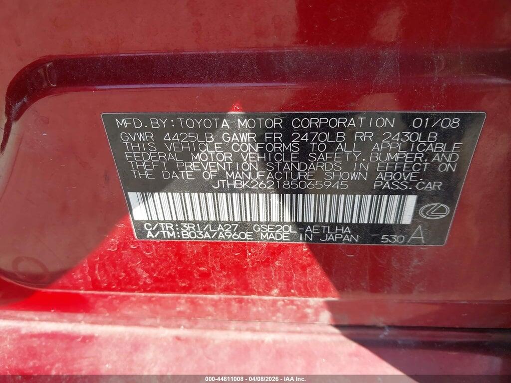 JTHBK262185065945 2008 LEXUS IS 250 photo no. 9