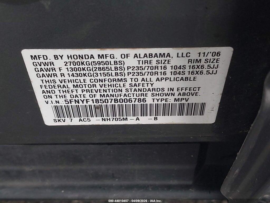 5FNYF18507B006786 2007 HONDA PILOT photo no. 9