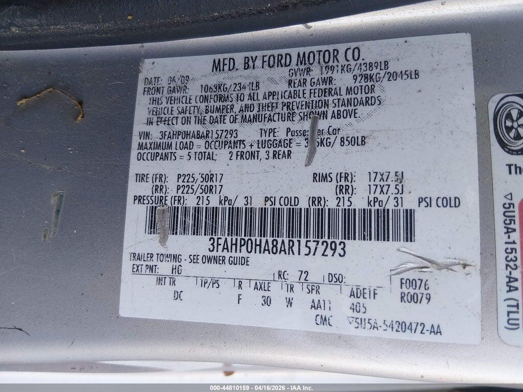 3FAHP0HA8AR157293 2010 FORD FUSION photo no. 9