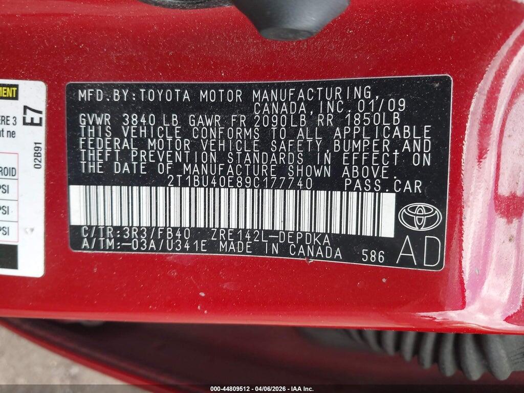 2T1BU40E89C177740 2009 TOYOTA COROLLA photo no. 9