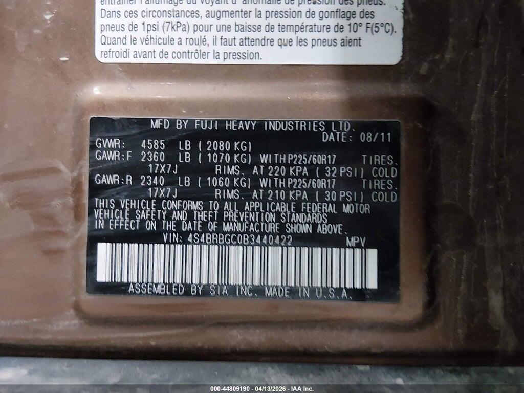 4S4BRBGC0B3440422 2011 SUBARU OUTBACK photo no. 9