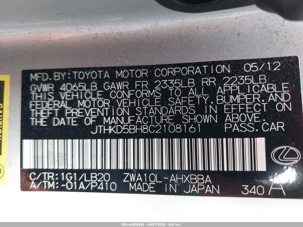 JTHKD5BH8C2108161 2012 LEXUS CT 200H photo no. 9