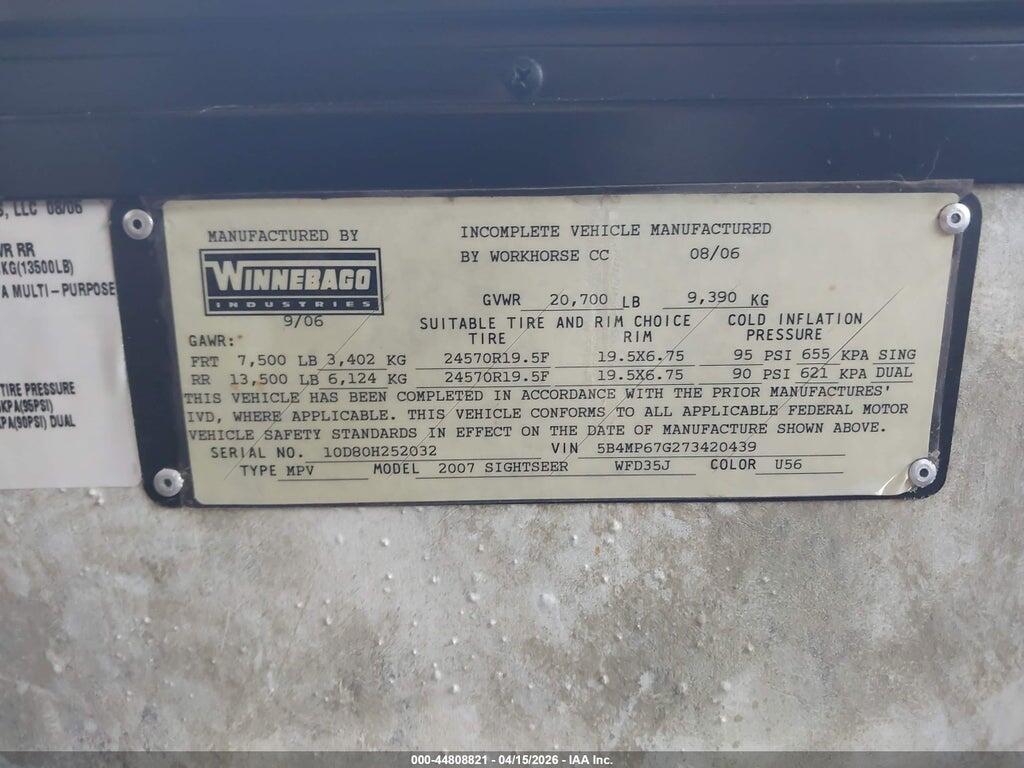 5B4MP67G273420439 2007 WORKHORSE CUSTOM CHASSIS MOTORHOME CHASSIS photo no. 9
