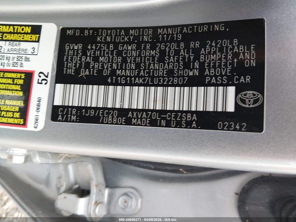 4T1G11AK7LU322807 2020 TOYOTA CAMRY photo no. 9