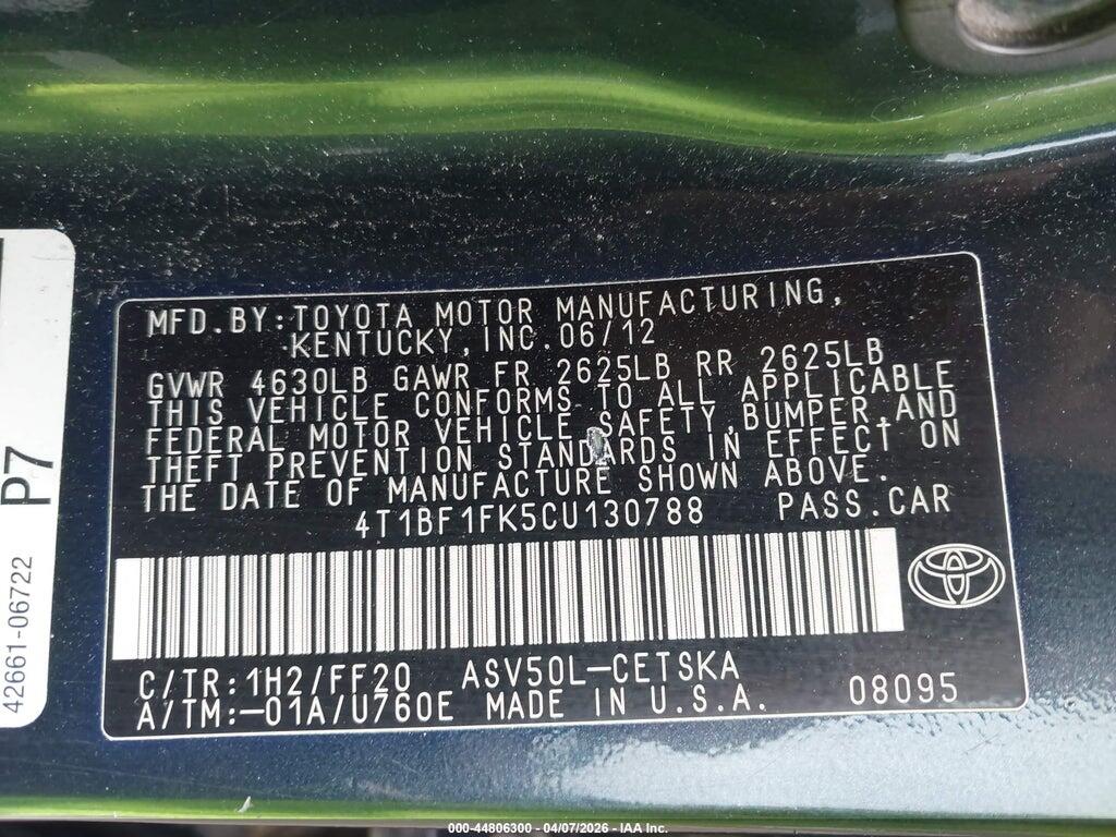 4T1BF1FK5CU130788 2012 TOYOTA CAMRY photo no. 9