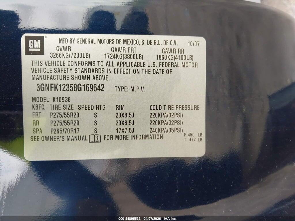 3GNFK12358G169642 2008 CHEVROLET AVALANCHE 1500 photo no. 9