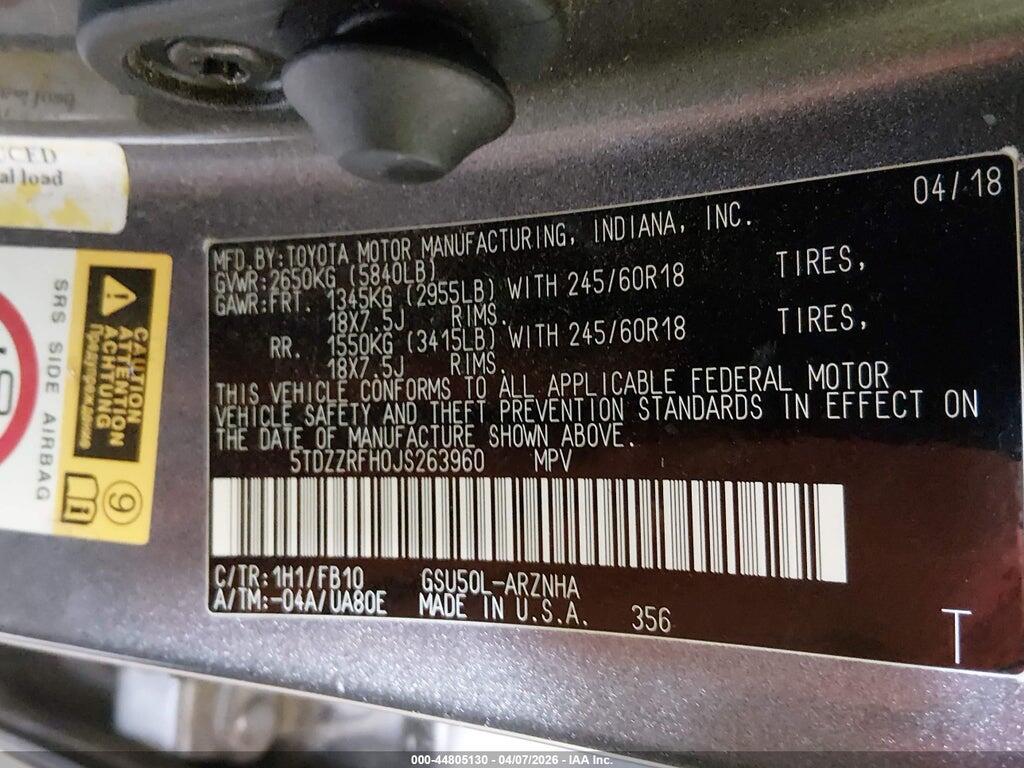 5TDZZRFH0JS263960 2018 TOYOTA HIGHLANDER photo no. 9