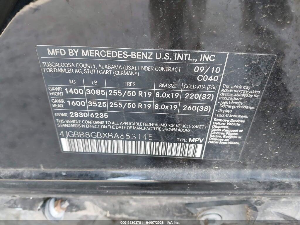 4JGBB8GBXBA653145 2011 MERCEDES-BENZ ML 350 photo no. 9