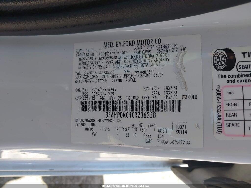 3FAHP0KC4CR236358 2012 FORD FUSION photo no. 8
