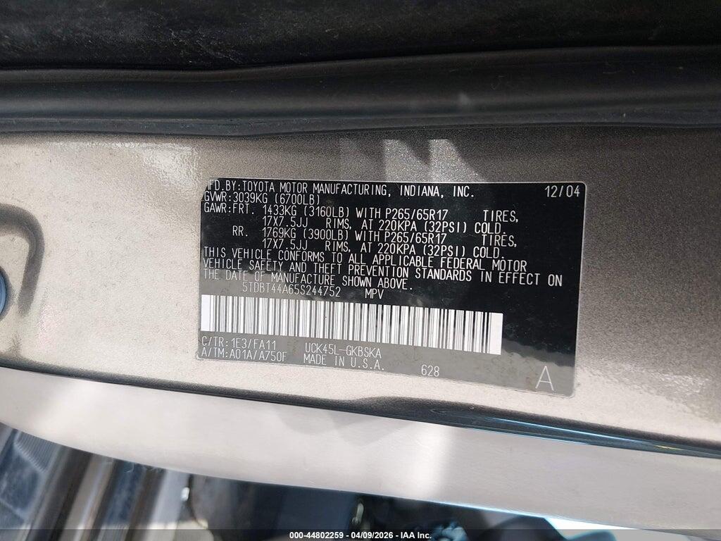 5TDBT44A65S244752 2005 TOYOTA SEQUOIA photo no. 9
