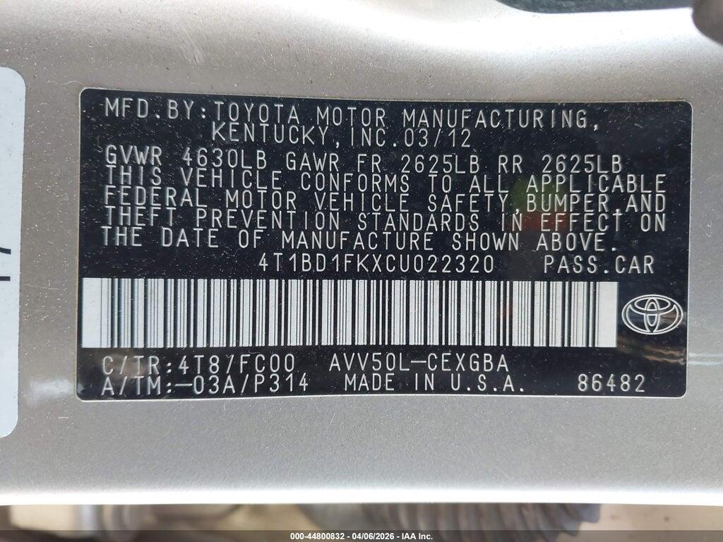 4T1BD1FKXCU022320 2012 TOYOTA CAMRY HYBRID photo no. 9