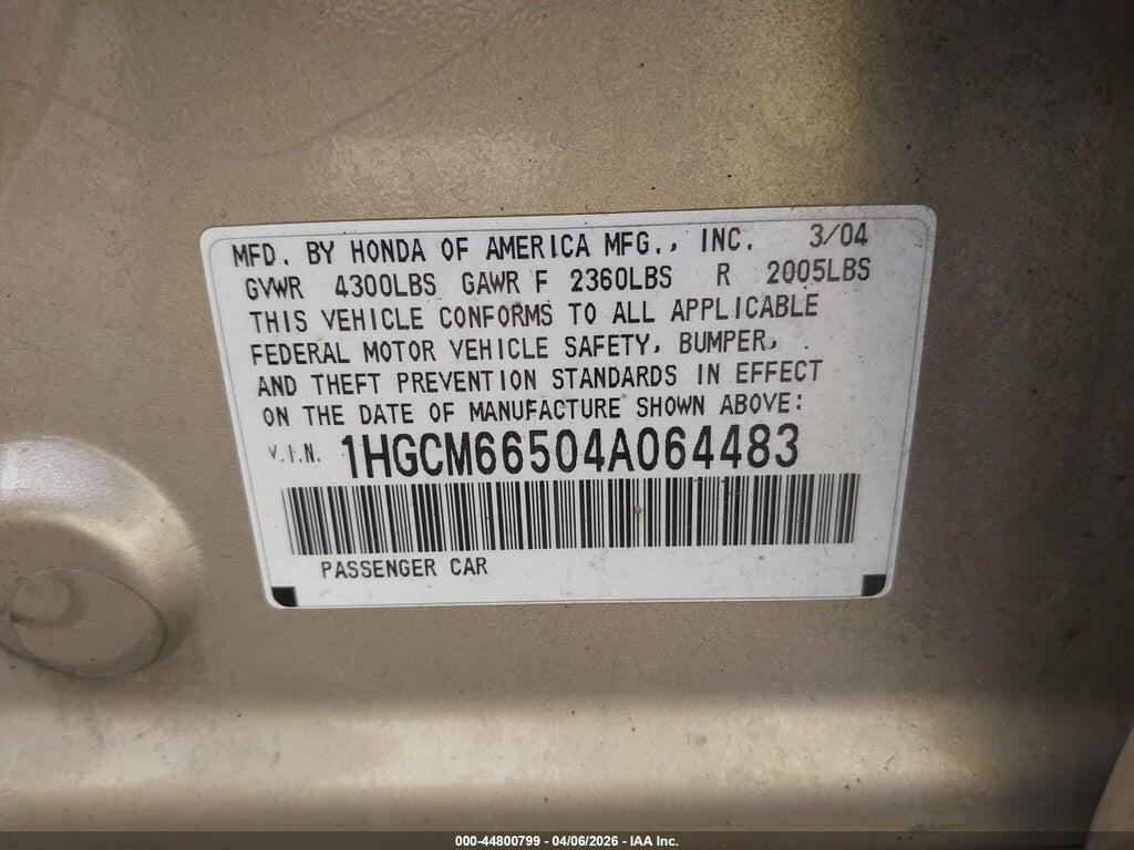 1HGCM66504A064483 2004 HONDA ACCORD photo no. 9