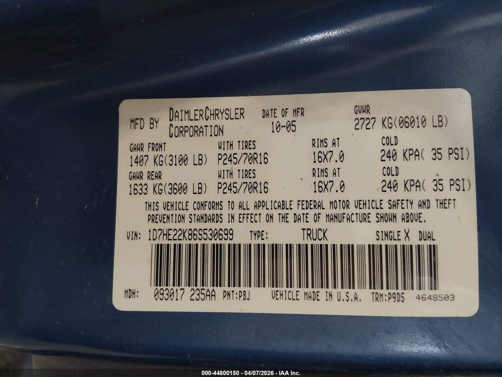 1D7HE22K86S530699 2006 DODGE DAKOTA photo no. 9