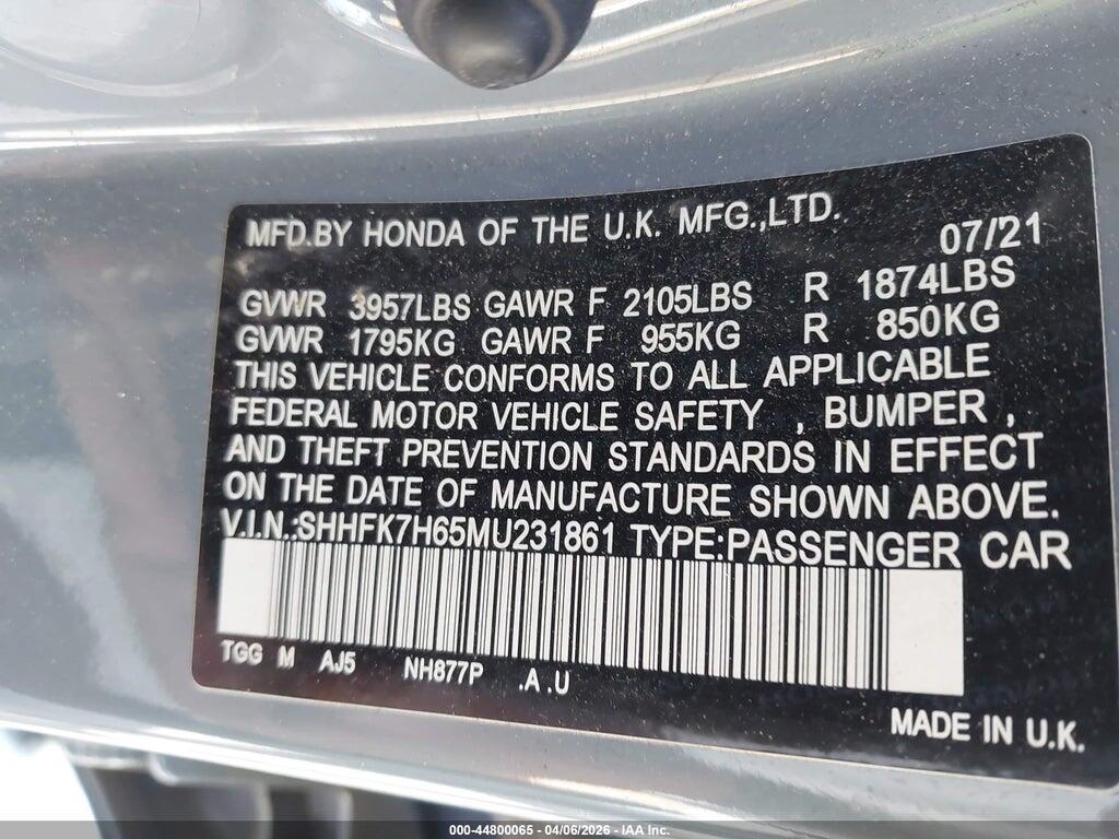 SHHFK7H65MU231861 2021 HONDA CIVIC photo no. 9