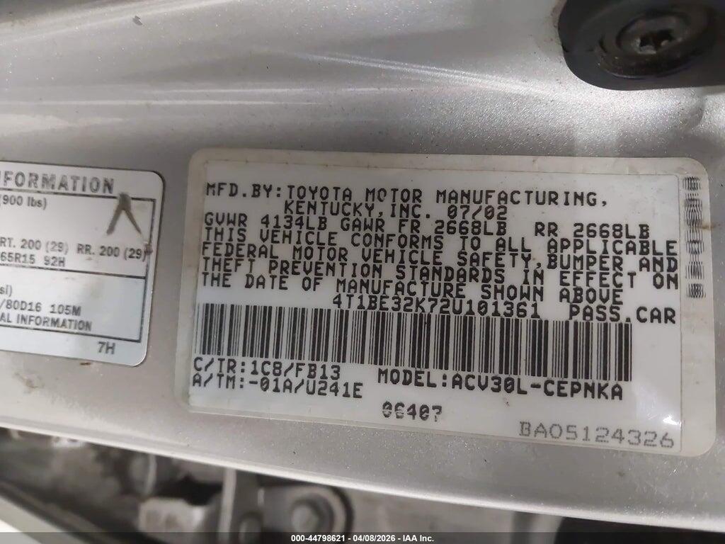 4T1BE32K72U101361 2002 TOYOTA CAMRY photo no. 9
