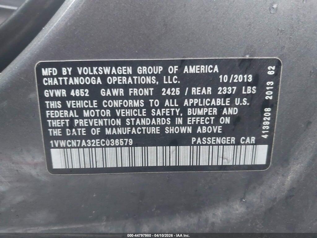 1VWCN7A32EC036579 2014 VOLKSWAGEN PASSAT photo no. 9
