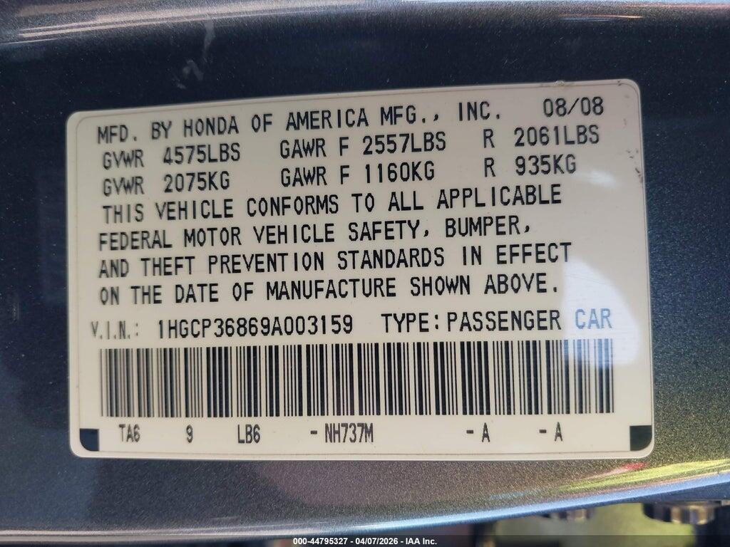 1HGCP36869A003159 2009 HONDA ACCORD photo no. 9