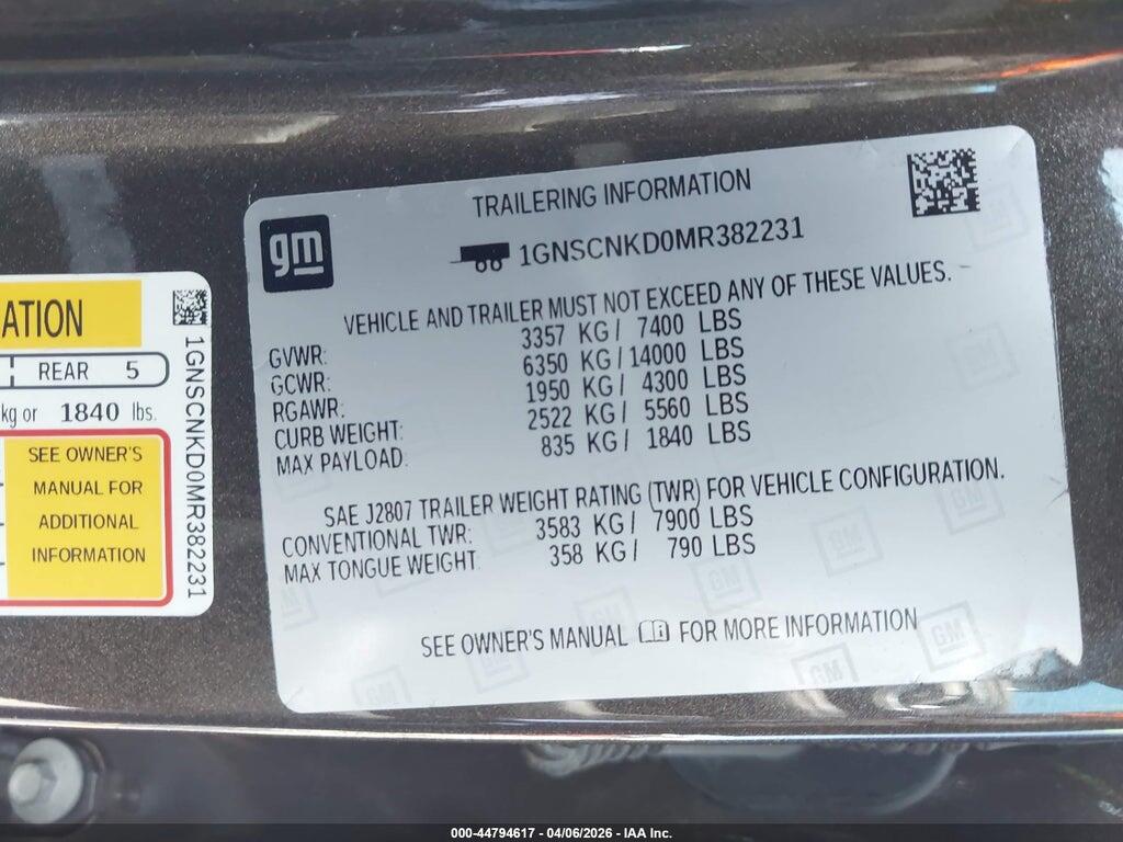 1GNSCNKD0MR382231 2021 CHEVROLET TAHOE photo no. 9