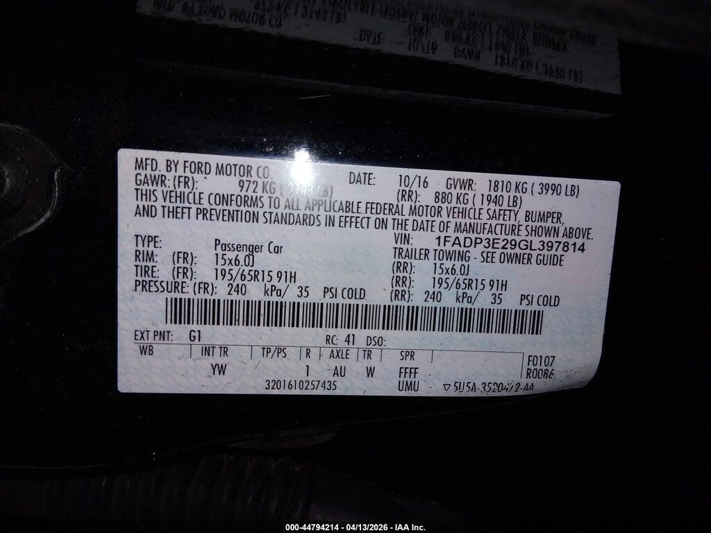 1FADP3E29GL397814 2016 FORD FOCUS photo no. 9