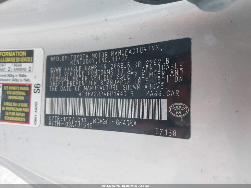 4T1FA38P48U144015 2008 TOYOTA CAMRY SOLARA photo no. 9
