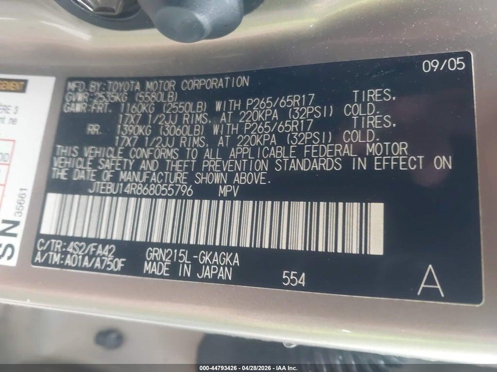JTEBU14R868055796 2006 TOYOTA 4RUNNER photo no. 9