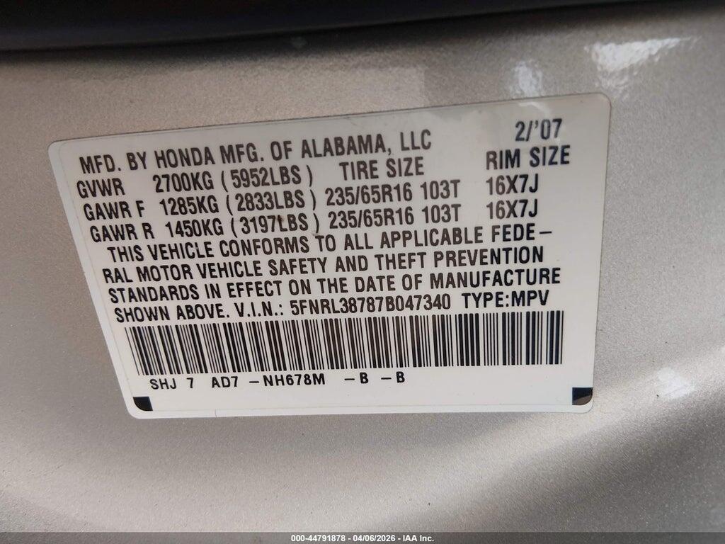 5FNRL38787B047340 2007 HONDA ODYSSEY photo no. 9