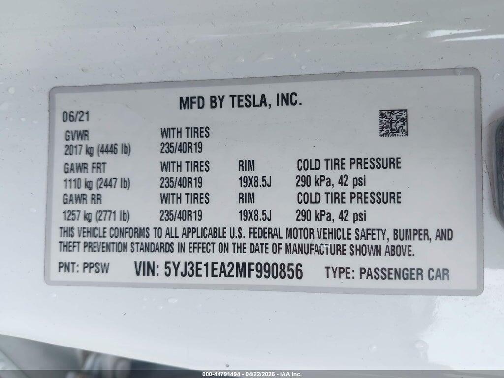 5YJ3E1EA2MF990856 2021 TESLA MODEL 3 photo no. 9