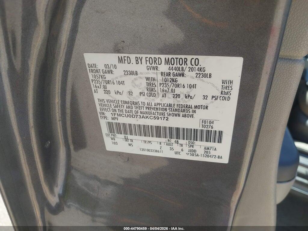 1FMCU0D73AKC59172 2010 FORD ESCAPE photo no. 9