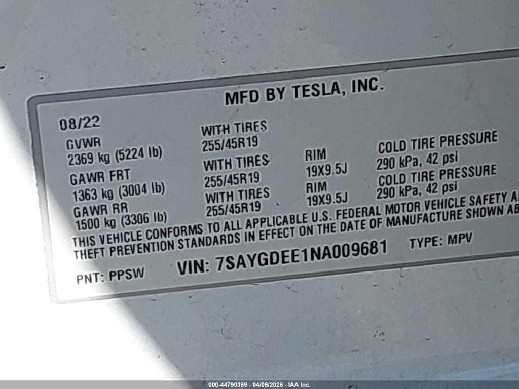 7SAYGDEE1NA009681 2022 TESLA MODEL Y photo no. 9