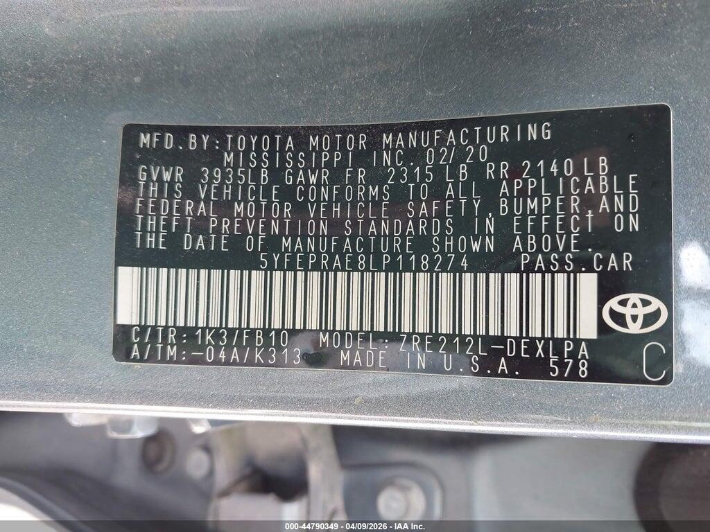5YFEPRAE8LP118274 2020 TOYOTA COROLLA photo no. 9